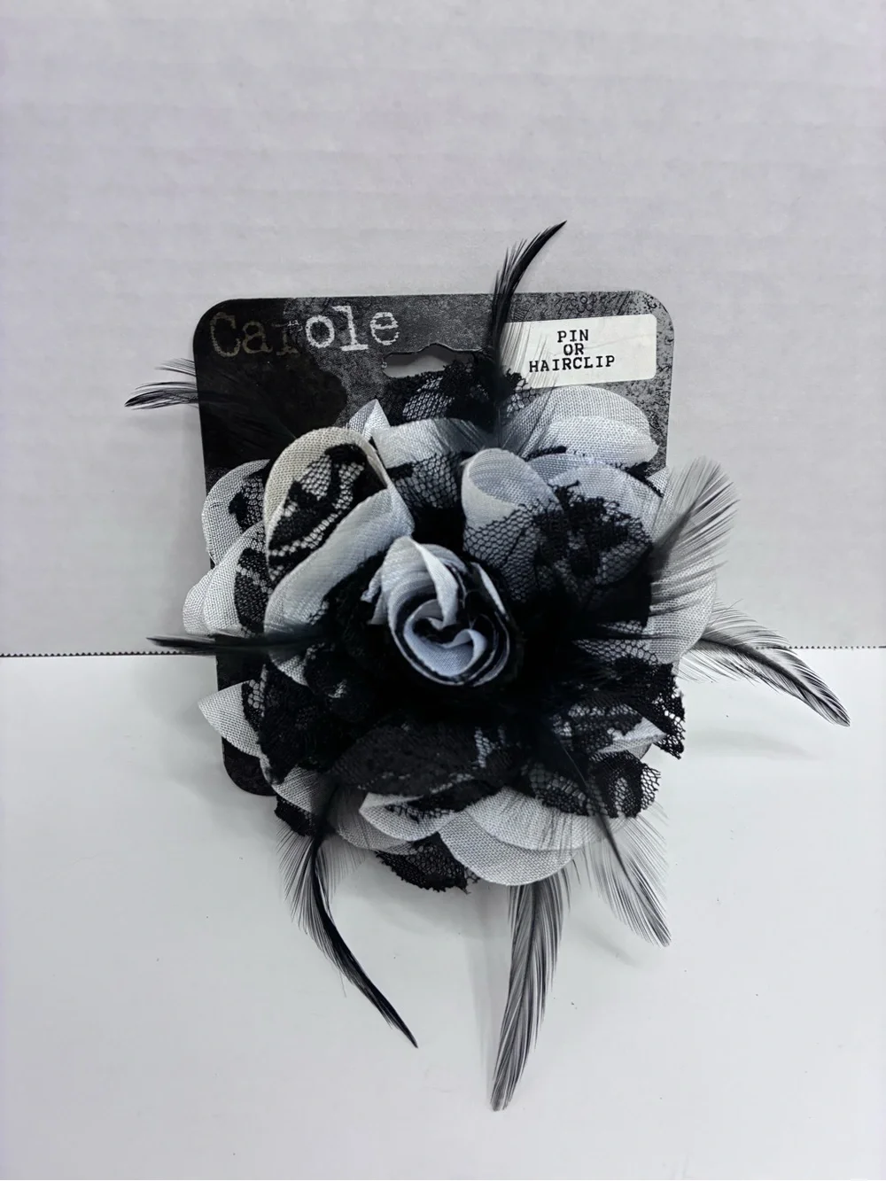 Carole Black And White Floral Feather Brooch And Hair Clip Gothic Emo Style